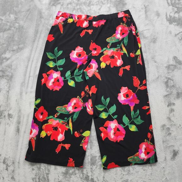 Susan Graver Pants Womens S Black Red Floral Pull On Crop Capri Wide Leg Palazzo - Picture 2 of 11